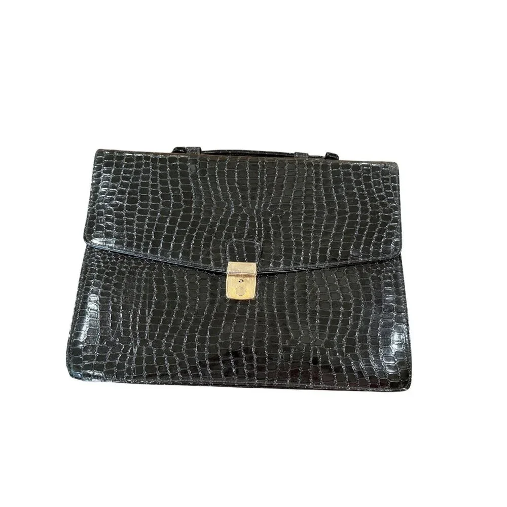 Vintage Salisbury Black Croc Embossed Leather Briefcase Locking Portfolio